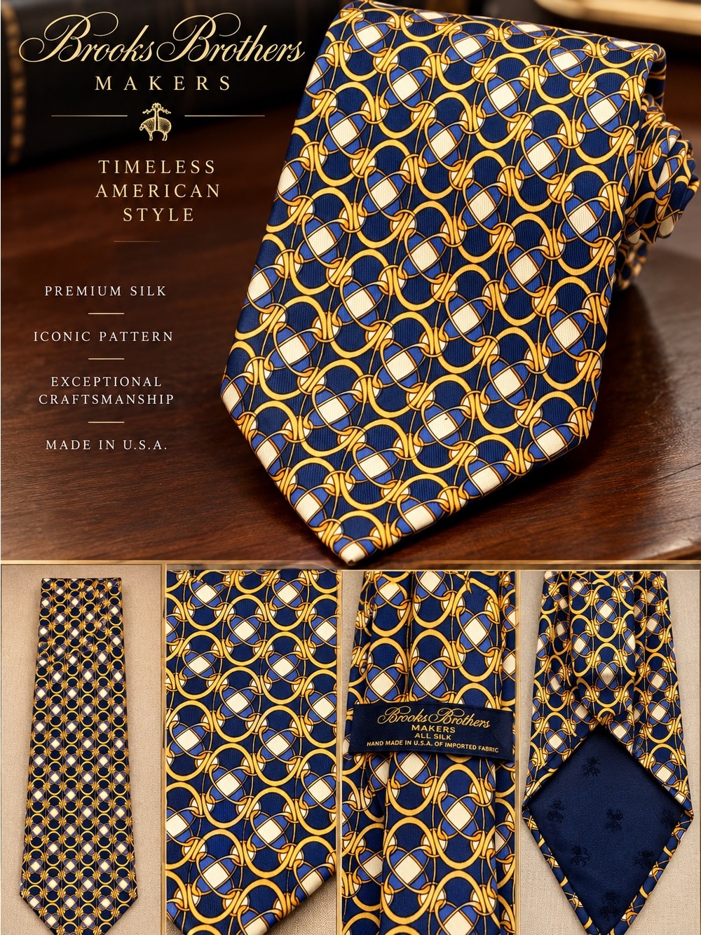 Brooks Brothers Navy, Gold & White Silk Tie - Geometric Chain Motif